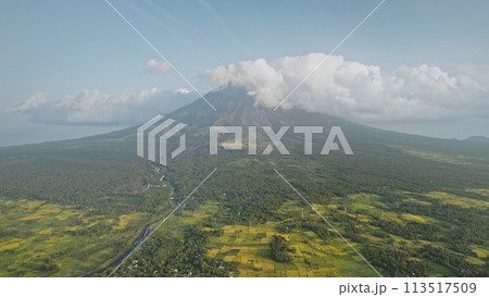 Volcano erupt at green tropic valley aerial. Mayon mount at nobody nature landscape 113517509