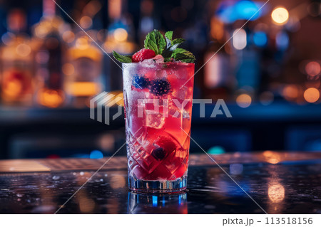 Cocktail drink. Alcoholic beverage with tropical fruits and ice. Generative AI 113518156