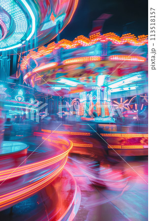 Blurred background of spinning rides and flashing neon lights. Carnival fun. Generative AI 113518157