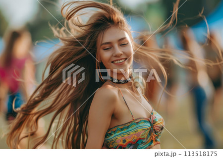 Beautiful young woman dancing at music festival. Generative AI 113518175