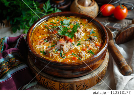 Beef stew with potatoes, carrots and herbs. Generative AI 113518177