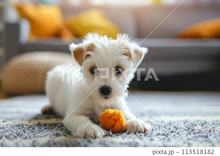 A small white dog is actively chewing on an orange toy. 113518182