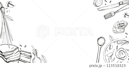 Illustration. Rectangular frame with food, lard, onion, spoon, fork, knife, sandwich, peppercorns. All objects are drawn in vector in black. For kitchen, textiles, dishes, printing, menus. 113518323