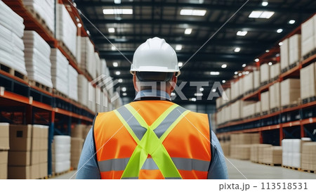 warehouse worker, wearing an orange vest and a white hard hat,back view 113518531