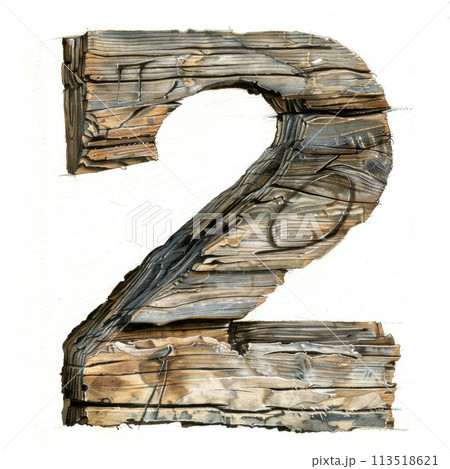 A weathered wooden Number 2 isolated on a white background. 113518621