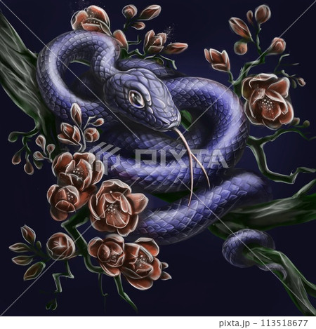 Blue snake on a magnolia branch. Blue snake on a magnolia branch. 113518677