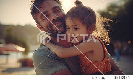 a father spends quality time with his child, sharing a heartwarming hug. 113518974