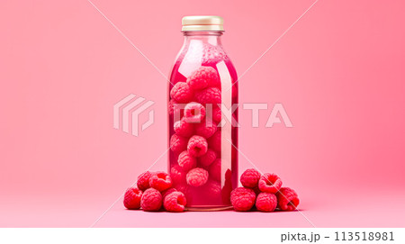 Tonic raspberry water with berries in a bottle on a pink background Tonic raspberry water with berries in a bottle on a pink background 113518981