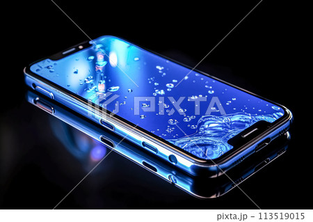 A phone with a blue screen and water droplets on it 113519015