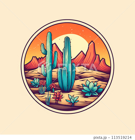 A desert scene with a cactus and mountains in the background. 113519214