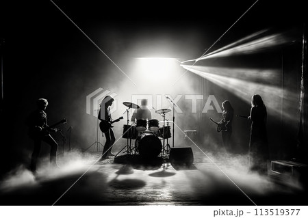 A group of musicians playing instruments in a forest. 113519377