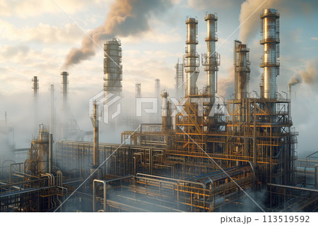 An oil refinery plant located in industrial zone with smoke pipe from factory AI Generative 113519592
