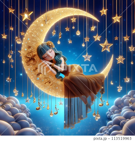 A beautiful woman sleeps comfortably on a large crescent shaped like beautiful eyebrows in 3D. 113519963