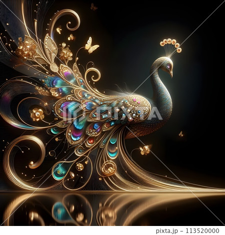 A high resolution artwork depicting a peacock on a shiny black background featuring an iridescent tail decorated with gold thread. A high resolution artwork depicting a peacock on a shiny black background featuring an iridescent tail decorated with gold thread. 113520000