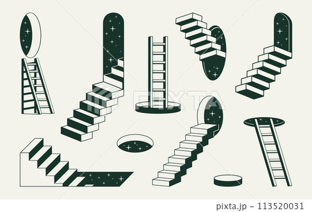 Monochrome surreal stairs. Geometric abstract ladders, minimal design staircases flat vector illustration set. Outline stairway elements collection 113520031