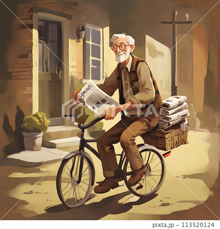 自転車で新聞配達をする老人 113520124