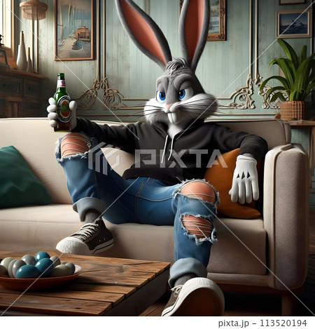 A rabbit sits on a sofa in a vintage apartment and drinks beer. A rabbit sits on a sofa in a vintage apartment and drinks beer. 113520194