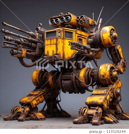 A rusty yellow battlebot movie set. 113520244