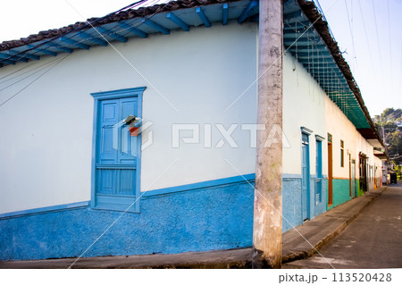 Beautiful facade of the houses at the historical downtown of the heritage town of Salamina located at the Caldas department in Colombia. 113520428