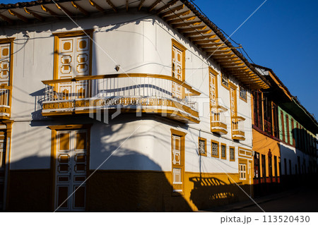 Beautiful facade of the houses at the historical downtown of the heritage town of Salamina located at the Caldas department in Colombia. 113520430