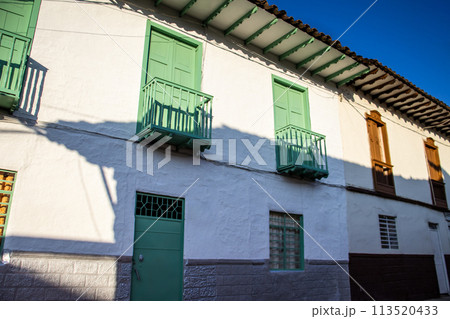 Beautiful facade of the houses at the historical downtown of the heritage town of Salamina located at the Caldas department in Colombia. Beautiful facade of the houses at the historical downtown of the heritage town of Salamina located at the Caldas department in Colombia. 113520433