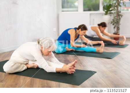 Diligent women practicing head to knee pose of yoga in light fitness room 113521527