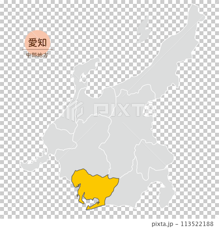 愛知県、中部地方の中の愛知県の地図、アイコン 愛知県、中部地方の中の愛知県の地図、アイコン 113522188