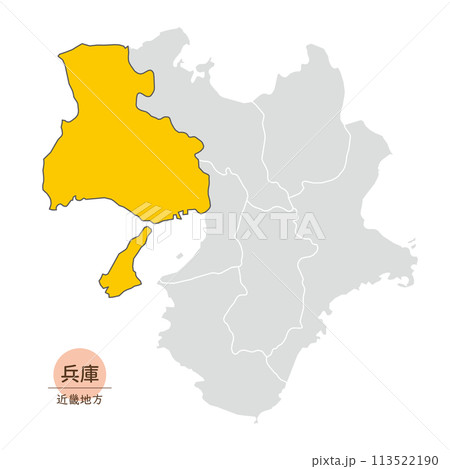兵庫県、近畿地方の中の兵庫県の地図、アイコン 兵庫県、近畿地方の中の兵庫県の地図、アイコン 113522190