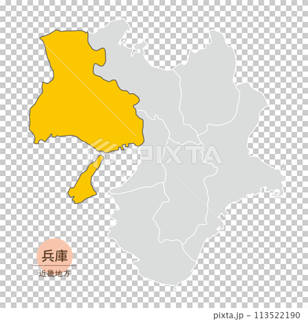 兵庫県、近畿地方の中の兵庫県の地図、アイコン 兵庫県、近畿地方の中の兵庫県の地図、アイコン 113522190