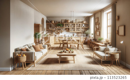 カントリー調の木の家具が置かれた白いリビング カントリー調の木の家具が置かれた白いリビング 113523265