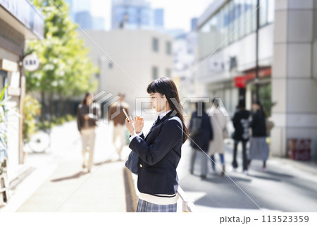 スマートフォンを持った女子高校生 113523359