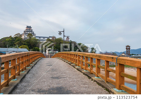 Karatsu castle from Jyounai bridge in city at sunset, Saga, Japan 113523754
