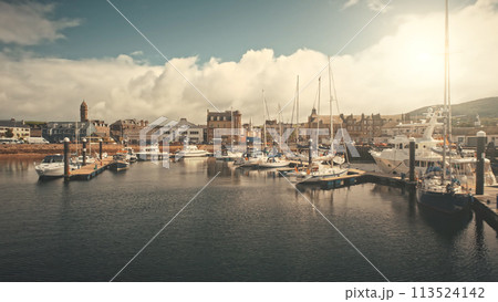 Ships, boats, yachts at sun seascape of ocean bay aerial. Campbeltown cityscape landmark 113524142