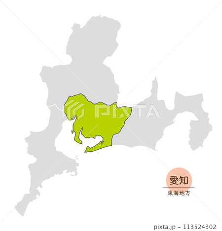 愛知県、東海地方の中の愛知県の地図、アイコン 113524302