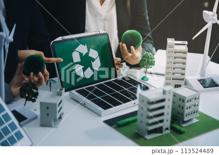 Carbon offset price report CO2 emission. Future growth Net zero waste in ESG ethical SME office protect climate change global warming social issues project. Group of asia people Eco friendly SDGs plan 113524489