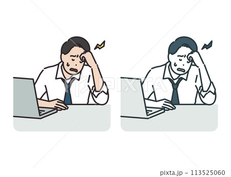 Man complaining of headache in front of laptop Man complaining of headache in front of laptop 113525060