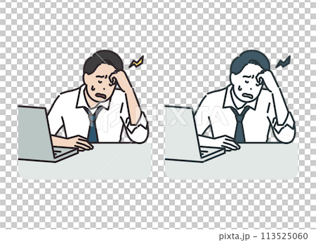 Man complaining of headache in front of laptop Man complaining of headache in front of laptop 113525060