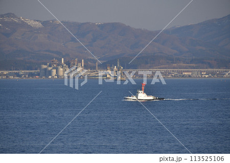 春の北海道函館市函館湾をクルーズ船を迎えに行くタグボートの風景を撮影 113525106