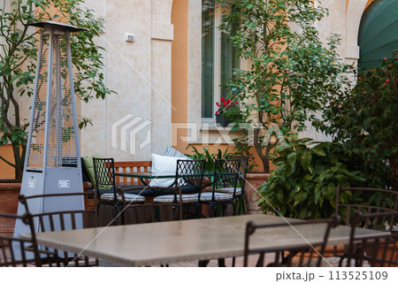 Tranquil outdoor seating area in a luxury hotel courtyard in Rome. Intimate setup with various seating options, lush greenery, and elegant design details. Feel relaxed and elegant. 113525109