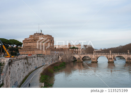 Historical scene with Castel Sant'Angelo and Ponte Sant'Angelo bridge in Rome, Italy. Castle, bridge, Tiber River, angel statues, architecture, tranquility. Historical scene with Castel Sant'Angelo and Ponte Sant'Angelo bridge in Rome, Italy. Castle, bridge, Tiber River, angel statues, architecture, tranquility. 113525199