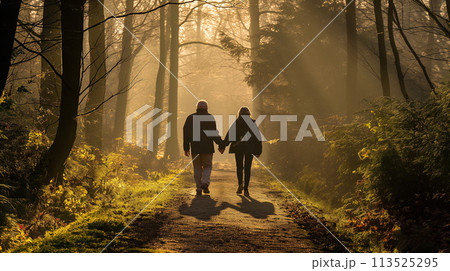第二の人生　森を歩く老夫婦 113525295
