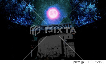 寂れた江戸時代風の武家屋敷の大門の白黒シルエットと怪しく輝く満月と夜空の背景イラスト 113525988