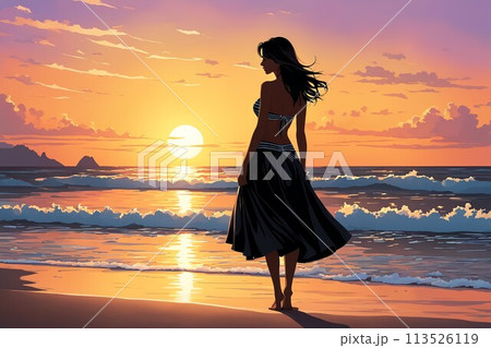 夕日のビーチと女性のイラスト 「AI生成画像」のイラスト素材