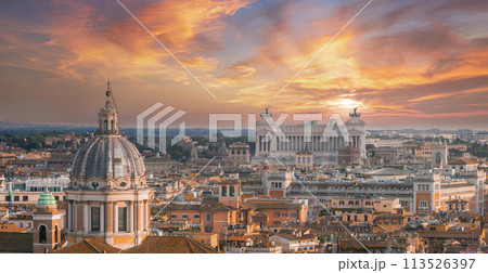 Aerial panoramic cityscape of Rome, Italy, Europe. Roma is the capital of Italy. Cityscape of Rome in summer. Rome roofs view with ancient architecture in Italy. Rome architecture and landmark. Aerial panoramic cityscape of Rome, Italy, Europe. Roma is the capital of Italy. Cityscape of Rome in summer. Rome roofs view with ancient architecture in Italy. Rome architecture and landmark. 113526397