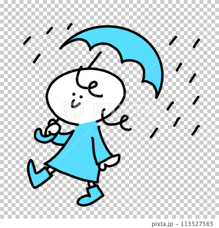 一個女人在雨天打著傘、微笑著行走 — 簡單可愛的線條畫插圖 113527565