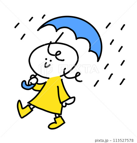 雨の日に傘をさして笑顔で歩く女性　シンプルで可愛い線画イラスト 113527578