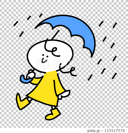 雨の日に傘をさして笑顔で歩く女性　シンプルで可愛い線画イラスト 113527578