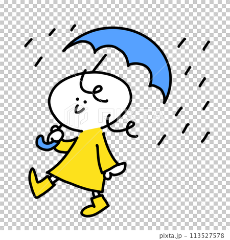 A woman walking with a smile and an umbrella on a rainy day - simple and cute line drawing illustration 113527578