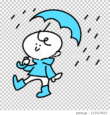 一個男人在雨天打著傘、微笑著行走 — 簡單可愛的線條畫插圖 一個男人在雨天打著傘、微笑著行走 — 簡單可愛的線條畫插圖 113527625