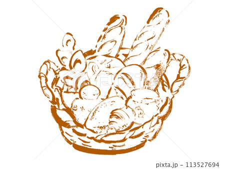 かごに盛ったいろんなパンの手描きイラスト 線画イラスト 茶色 かごに盛ったいろんなパンの手描きイラスト 線画イラスト 茶色 113527694